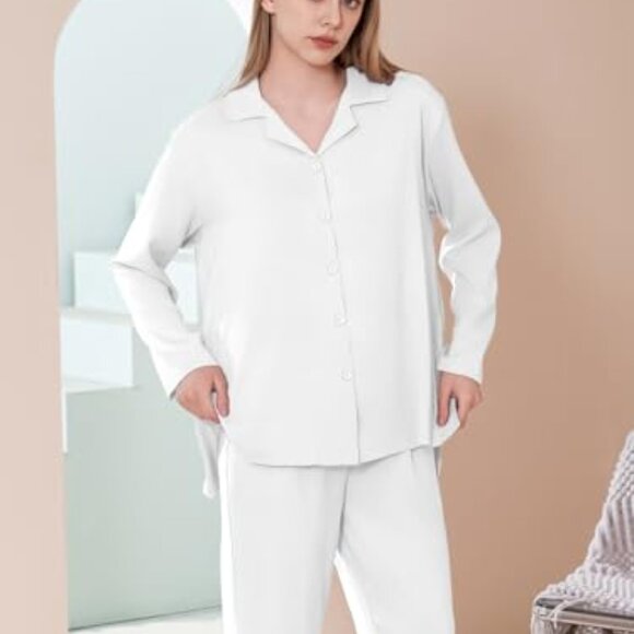 Elegant Collar Button-Up Pajama Set Long Sleeve Cardigan Elastic Waist Pants - Picture 4 of 6